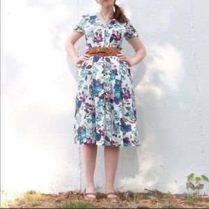 Vintage 1980s Floral Dress Tropical Print Purple